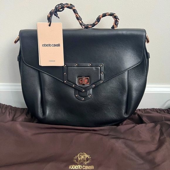 Roberto Cavalli Handbags - Roberto Cavalli Medium Black Leather Handbag NWT $1495